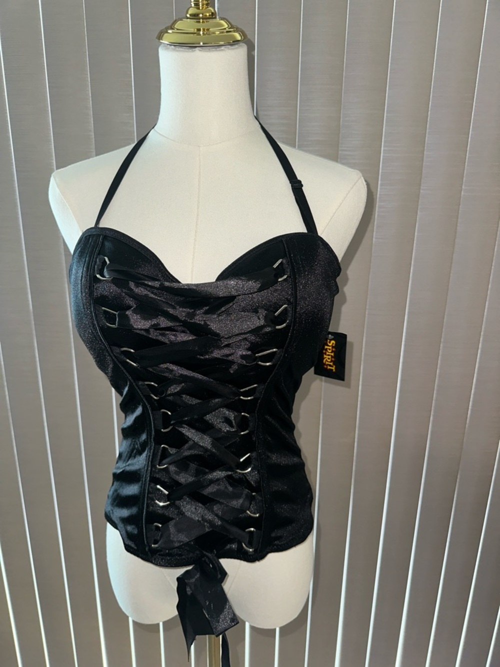 Spirit Black Satin Lace-Up Corset Halter Top